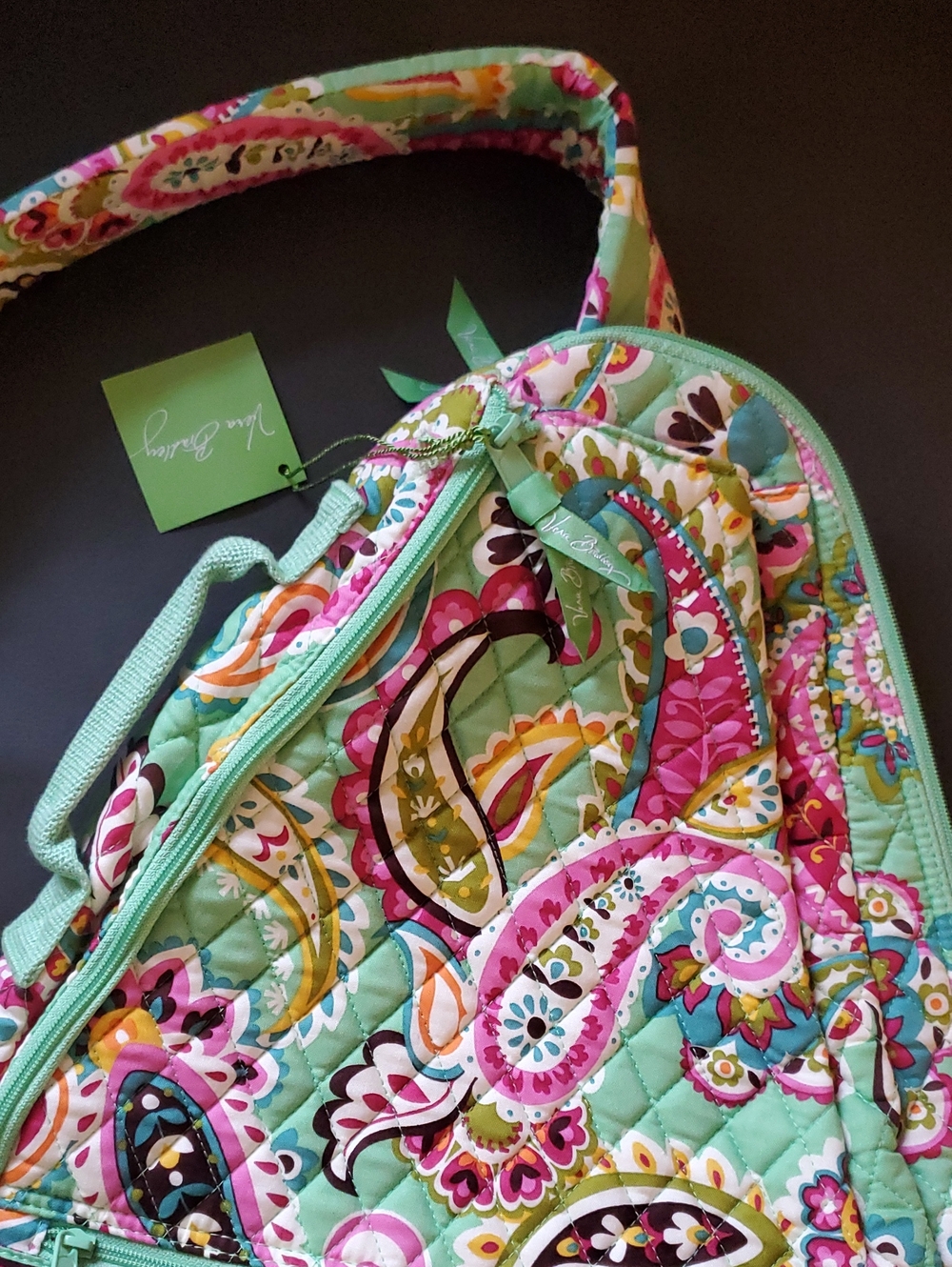 Vera Bradley Green Pink Paisley Tutti Frutti Quilted Sling Tennis Backpack NWT - Picture 4 of 15